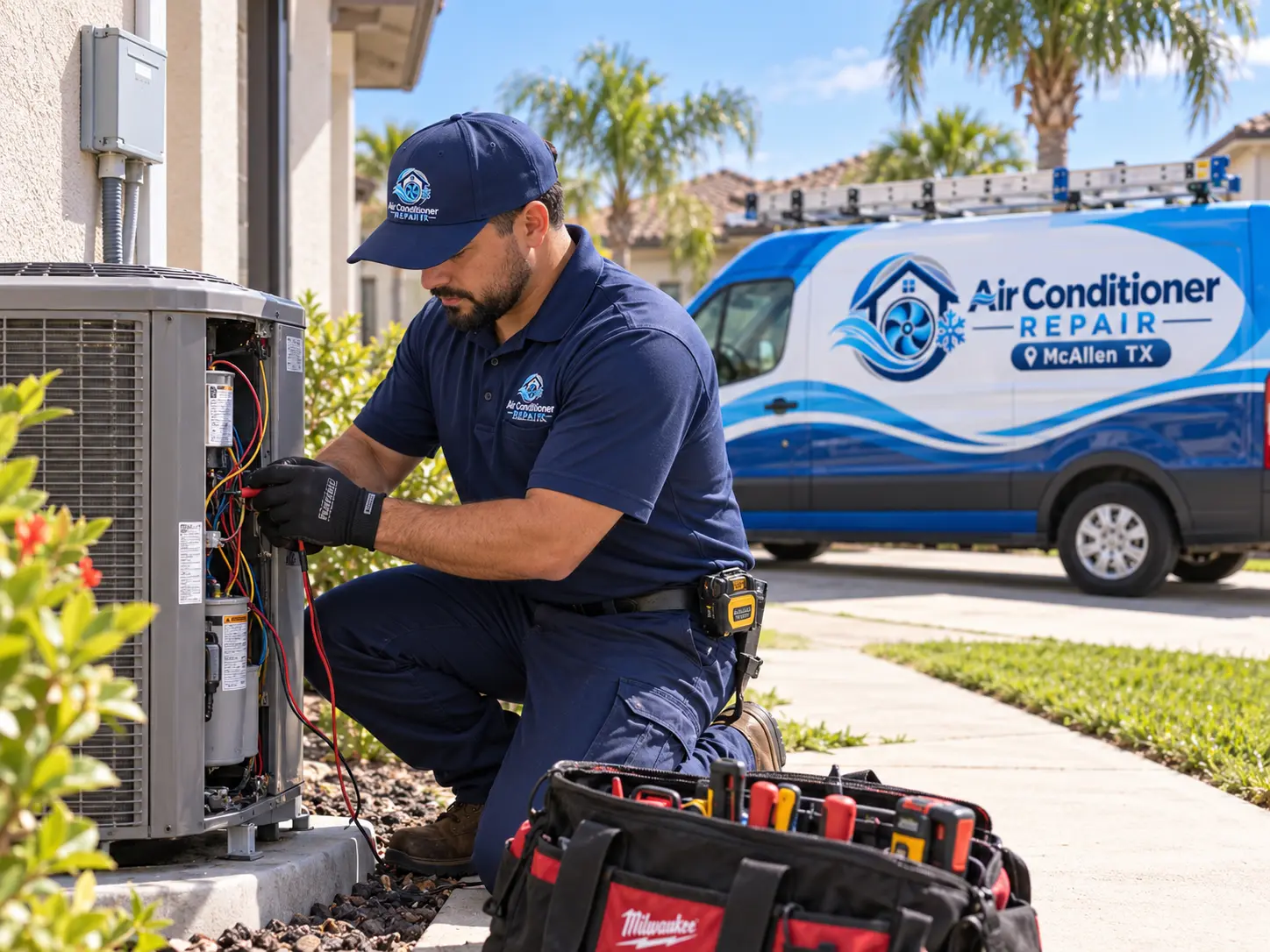HVAC technician testing electrical components inside an outdoor AC condenser unit in McAllen, TX